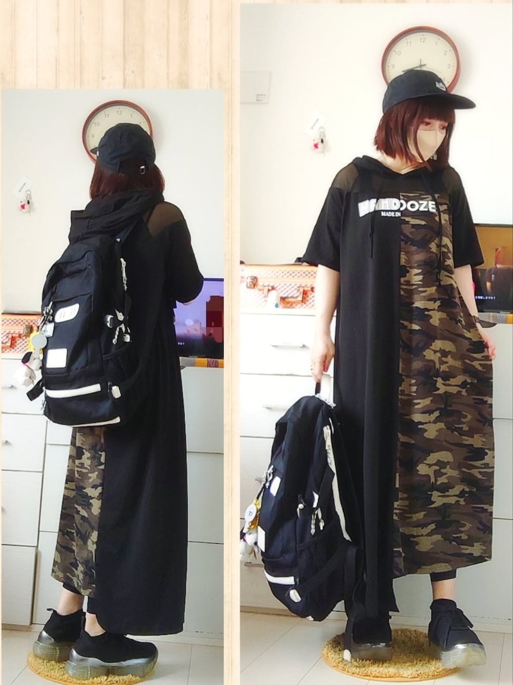 「SHEIN、パーカーワンピース、Tシャツワンピ、キャップ、NEW ERA、にゃー、grounds、スニーカー、迷彩、アシンメトリー、x-girl、リュック」｜「SHEINのアイテム（ワンピース/ドレス、ブラック系）」を使った、みはるさん（レディース・152cm）の夏コーディネートの1枚目の写真