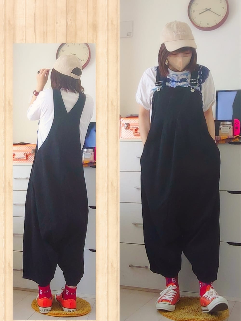 ブラック系のサロペット/オーバーオール、オレンジ系のスニーカー、ホワイト系のTシャツ/カットソーを着用したレディースの夏コーディネートの1枚目の写真