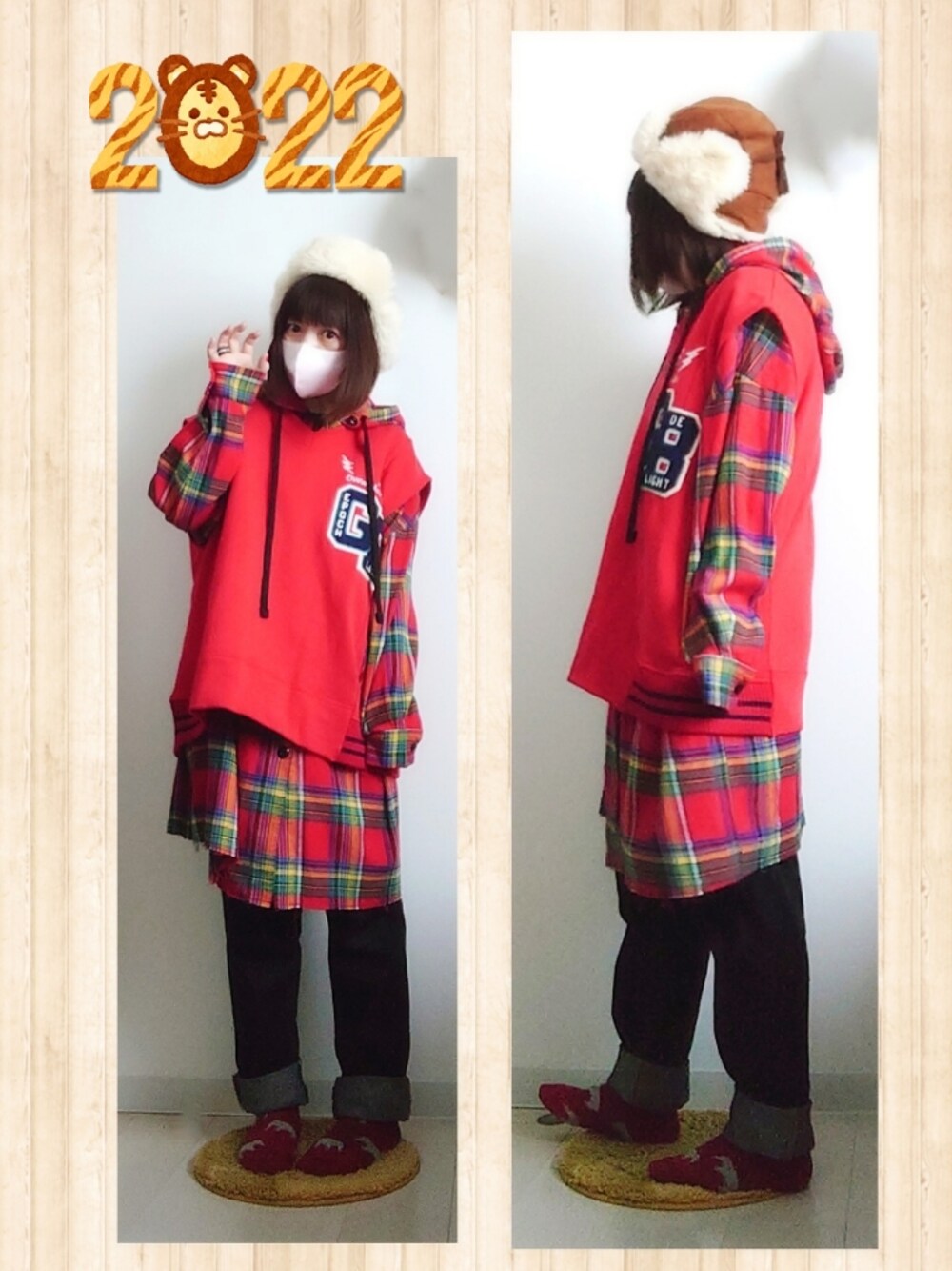ブラック系のデニムパンツ、レッド系のトップス、レッド系のシャツ/ブラウスを着用したレディースの冬コーディネートの1枚目の写真