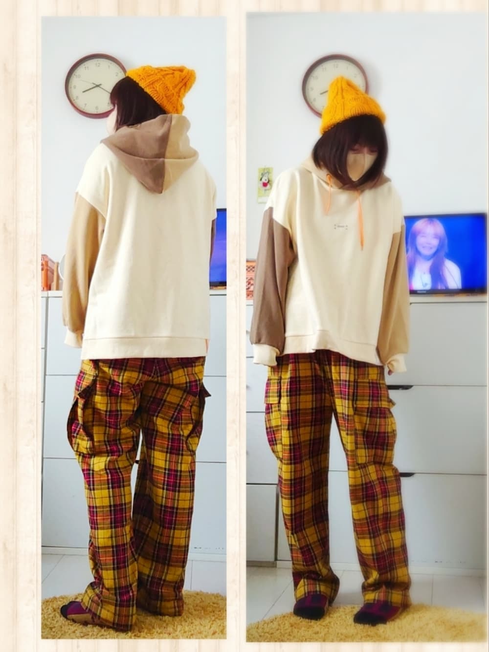 イエロー系のカーゴパンツ、ベージュ系のパーカー、イエロー系のニットキャップ/ビーニーを着用したレディースの春コーディネートの1枚目の写真