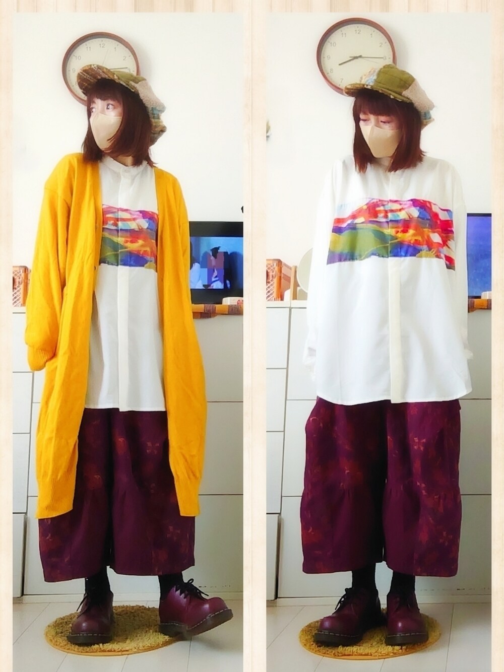 ホワイト系のシャツ/ブラウス、レッド系のその他パンツ、レッド系のブーツを着用したレディースの秋コーディネートの1枚目の写真