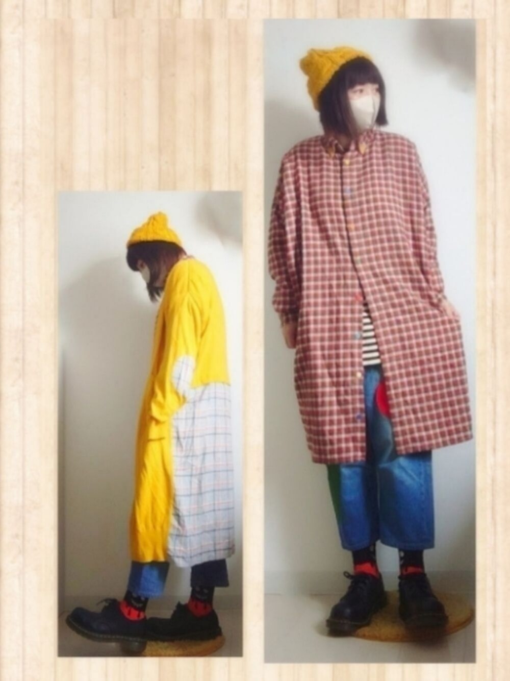 ブルー系のデニムパンツ、ブルー系のシャツワンピース、イエロー系のカーディガン/ボレロを着用したレディースの秋コーディネートの1枚目の写真