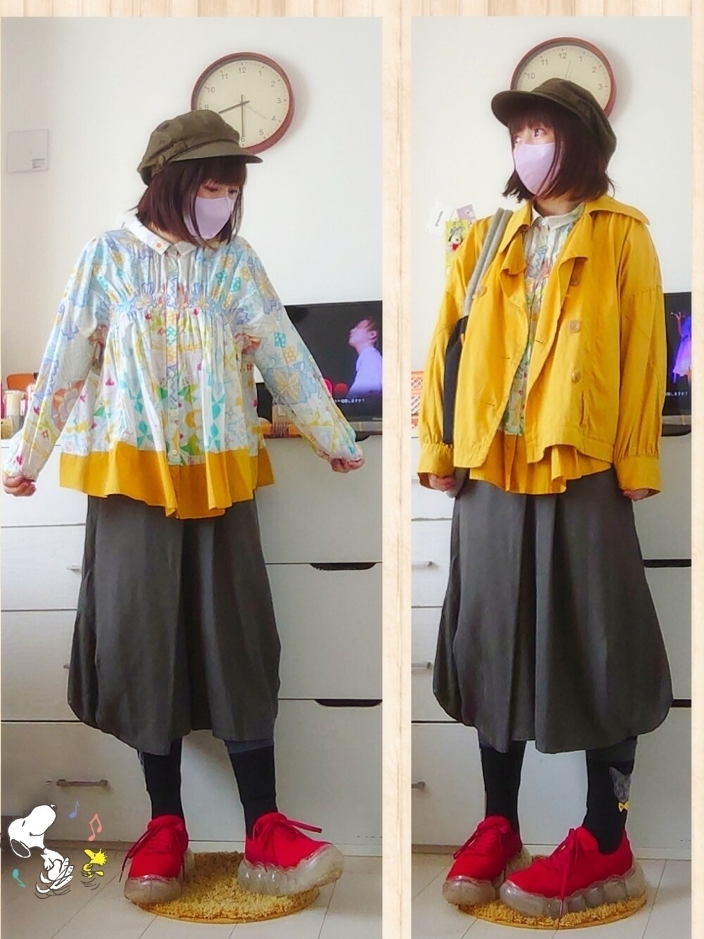 イエロー系のトレンチコート、ブラック系のその他パンツ、その他のシャツ/ブラウスを着用したレディースの春コーディネートの1枚目の写真