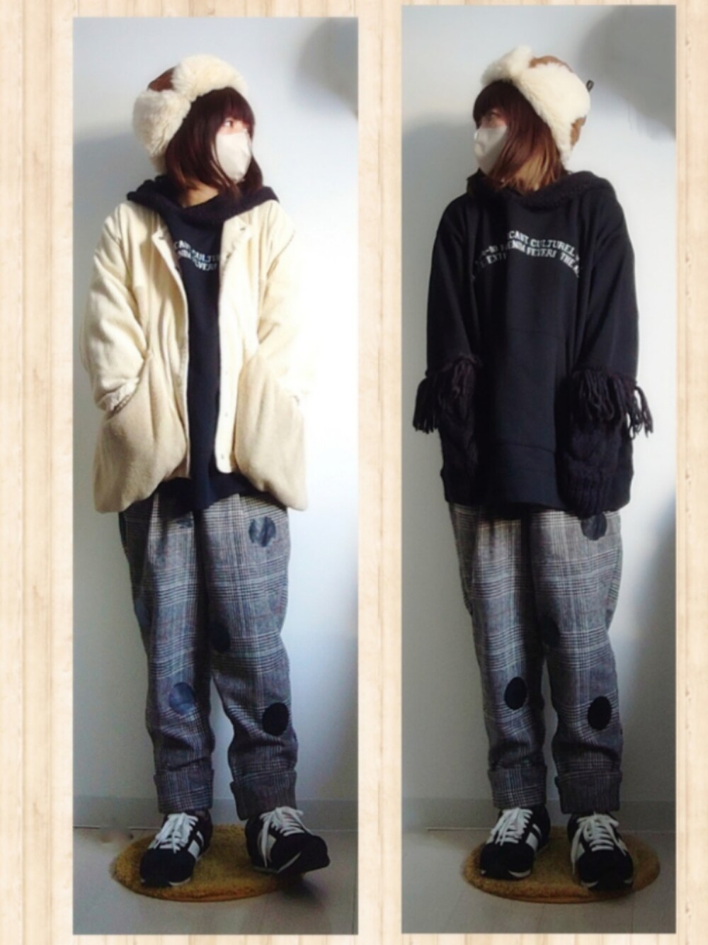 グレー系のその他パンツ、ブラック系のパーカー、ホワイト系のその他アウターを着用したレディースの秋コーディネートの1枚目の写真