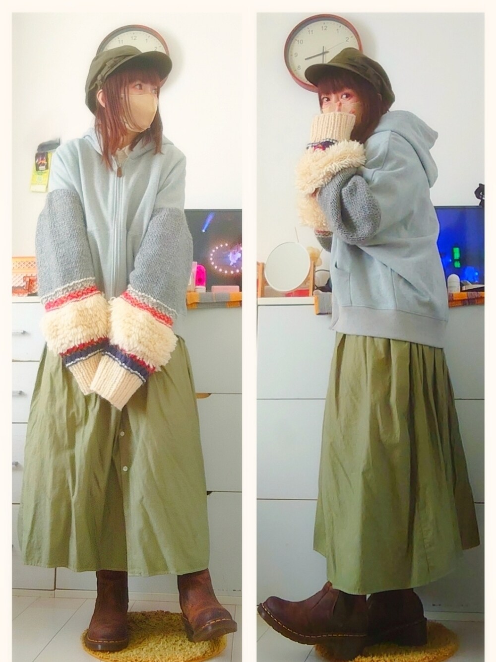 「パーカー、bedsidedrama、ワンピース、ne-net、グラデーション、キャスケット、カーキ、グレー、Dr.Martens、サイドゴアブーツ」｜「bedsidedramaの2020秋冬 まぐれのニットスリーブパーカ（パーカー、グレー系）」を使った、みはるさん（レディース・152cm）の春コーディネートの1枚目の写真