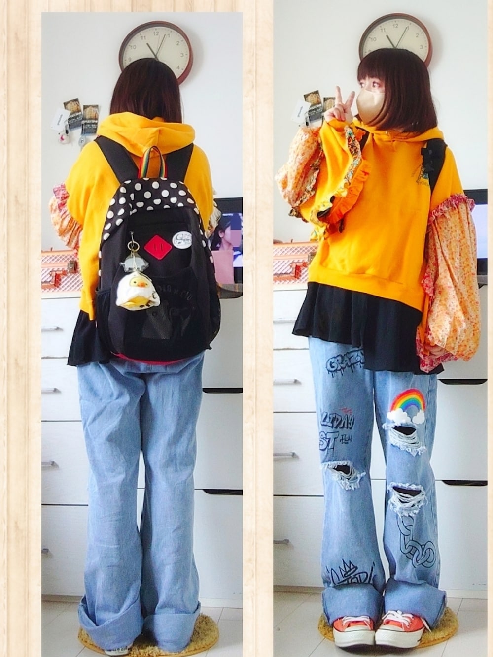 イエロー系のパーカー、ブルー系のデニムパンツ、ブラック系のバックパック/リュックを着用したレディースの夏コーディネートの1枚目の写真