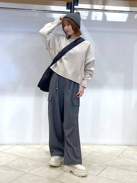「アイテム（ニットキャップ/ビーニー、グレー系）」を使った、omakiiさん（レディース・160cm）の冬コーディネート