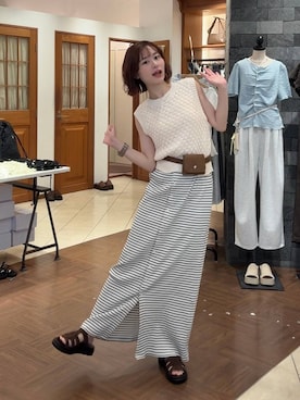 「アイテム（ベルト、イエロー系）」を使った、omakiiさん（レディース・160cm）の夏コーディネート
