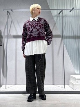 「HARE（ハレ）のモールダマスクガラニットプルオーバー(HARE)（ニット/セーター）」を使った、Moneさん（レディース・162cm）の秋コーディネート