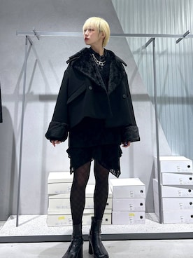 「HARE（ハレ）のウーリーテックフェイクファーショートコート(HARE)（ピーコート）」を使った、Moneさん（レディース・162cm）の秋コーディネート