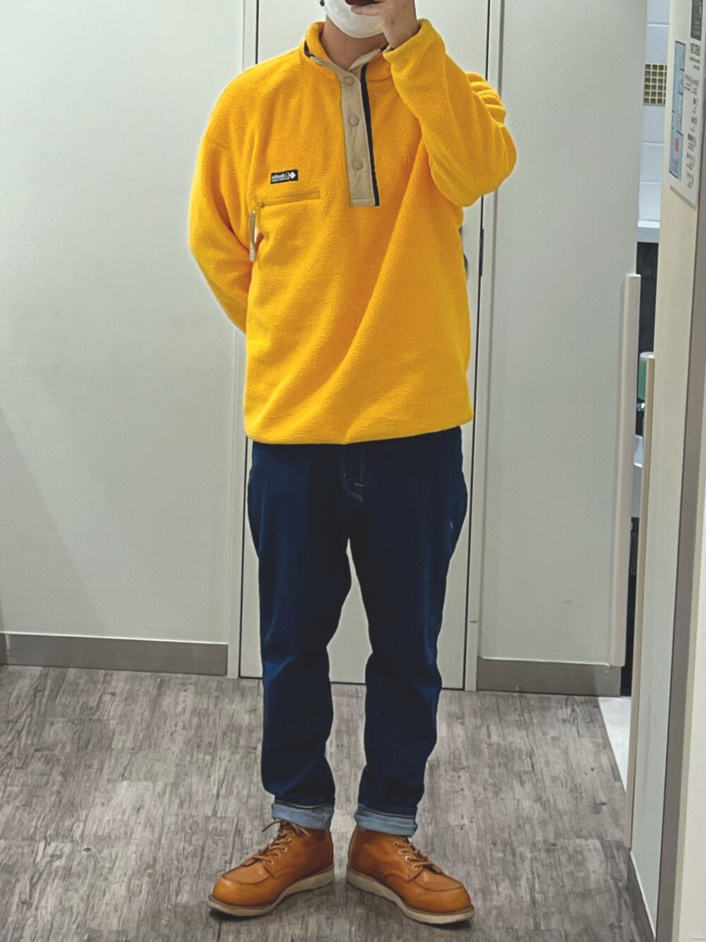 「おしゃれさんと繋がりたい、オトナカジュアル、カジュアルコーデ、フリース、サルエルパンツ、ワークブーツ、Columbia、NATAL DESIGN、RED WING」｜「Columbiaのヘルベチアハーフスナップフリース（その他トップス、イエロー系）」を使った、Shun@☻☻☻☻☻☻☻さん（メンズ・178cm）の春コーディネートの1枚目の写真
