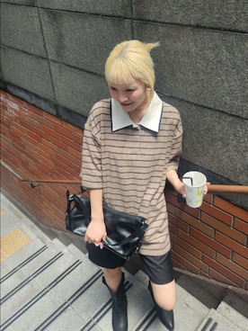「KBF（ケイビーエフ）のパイルボーダーラガーTEE（Tシャツ/カットソー、グレー系）」を使った、sayakaさん（レディース・161cm）の夏コーディネート