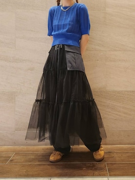 「KBF（ケイビーエフ）のポケットベルトSETチュールスカート（スカート）」を使った、sayakaさん（レディース・161cm）の夏コーディネート