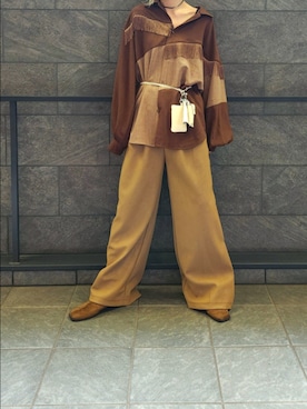 「KBF（ケイビーエフ）のSiltrata　Fringe pattern shirts（シャツ/ブラウス、ブラウン系）」を使った、sayakaさん（レディース・161cm）の夏コーディネート