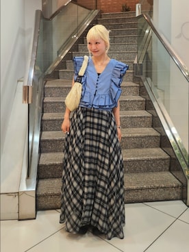 「KBF（ケイビーエフ）のチェックプリーツキャミワンピース（ワンピース、ブラック系）」を使った、sayakaさん（レディース・161cm）の夏コーディネート