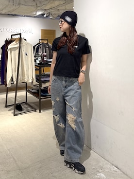 「X-girl（エックスガール）のX-girl HISTORY S/S TEE（Tシャツ/カットソー、ブラック系）」を使った、江川史唯さん（レディース・168cm）の夏コーディネート