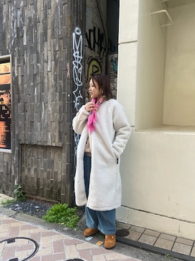 「MANASTASH（マナスタッシュ）のアイテム（ノーカラーコート）」を使った、もぎさん（レディース・153cm）の冬コーディネート