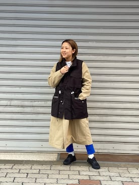 「MANASTASH（マナスタッシュ）のアイテム（ステンカラーコート）」を使った、もぎさん（レディース・153cm）の冬コーディネート
