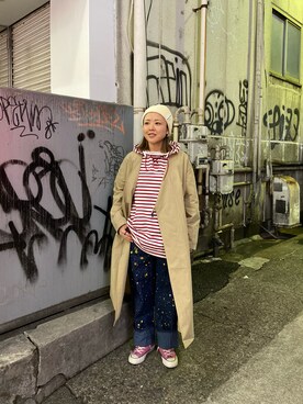 「MANASTASH（マナスタッシュ）のアイテム（ステンカラーコート）」を使った、もぎさん（レディース・153cm）の冬コーディネート