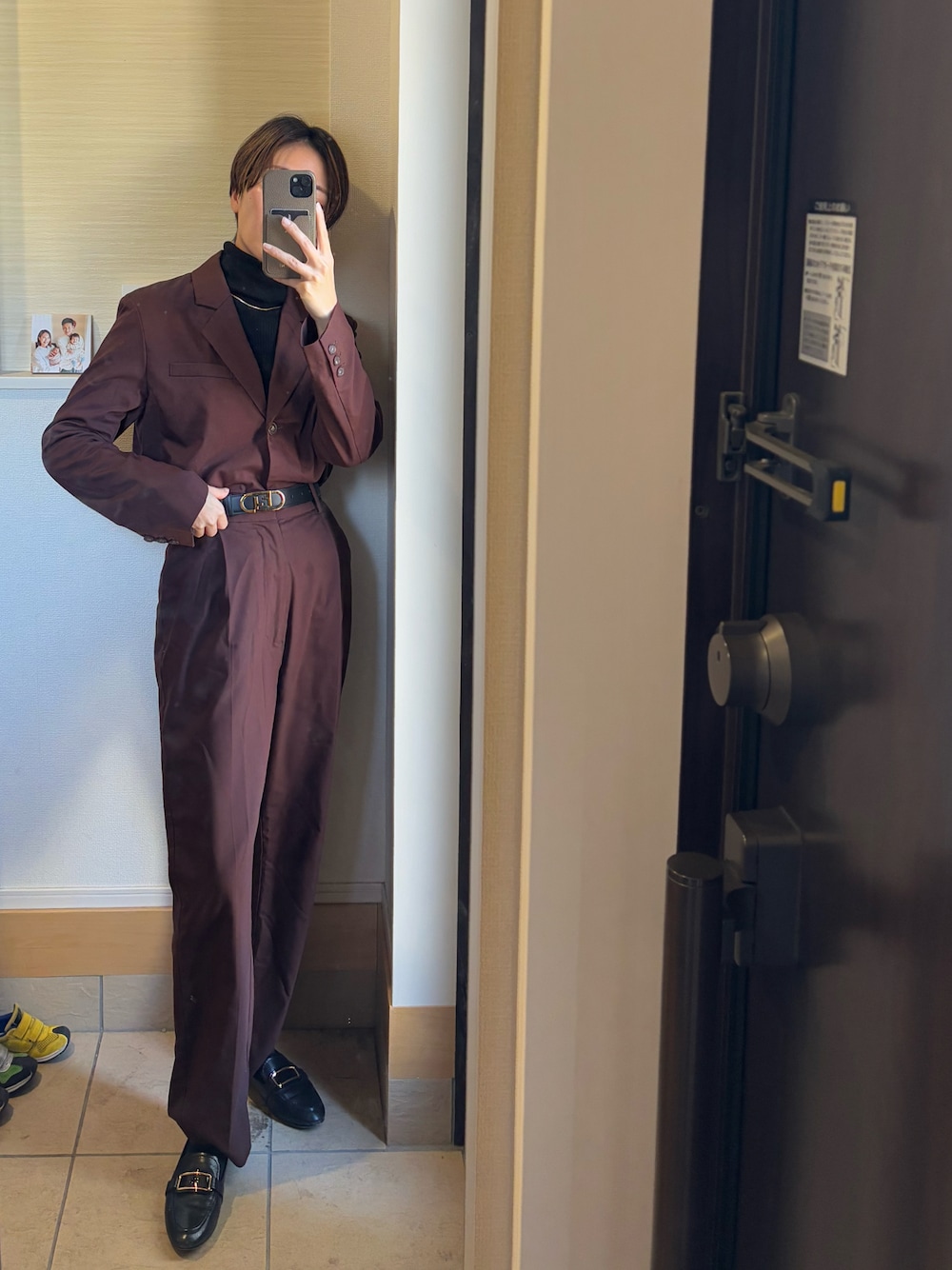 「今日のコーデ、セットアップ、バーガンディー、スーツスタイル、ジャケット、FENDI、amerivintage」｜「American Vintageのアイテム（テーラードジャケット、その他）」を使った、KOTAさん（レディース・162cm）の春コーディネートの1枚目の写真