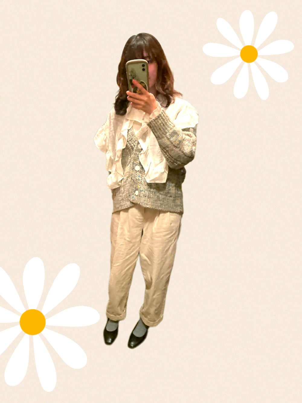 「春服デビュー宣言、カジュアルコーデ、休日コーデ、春カラー、春服、ビッグ襟、チノ子、natiam、カーディガン、バレエシューズ、低身長コーデ」｜「natiamのアイテム（チノパンツ、ホワイト系）」を使った、はるなんさん（レディース・155cm）の春コーディネートの1枚目の写真