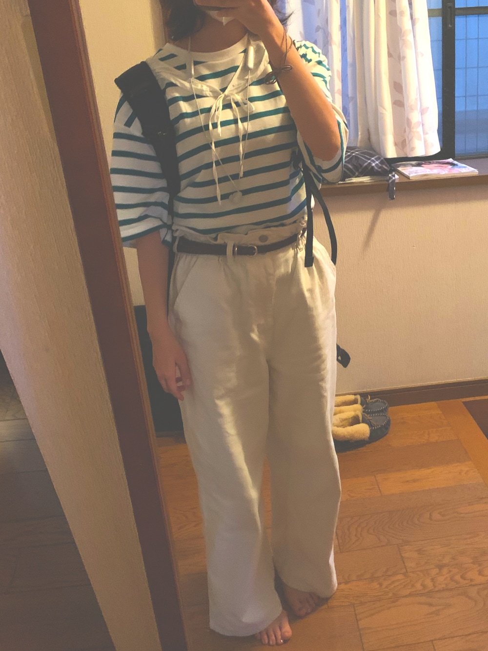「夏コーデ、シンプルコーデ、カジュアル、ootd、サンダル、低身長コーデ」｜「niko and...の付け襟付きボーダービッグプルオーバー（Tシャツ/カットソー、グリーン系）」を使った、はるなんさん（レディース・155cm）の夏コーディネートの1枚目の写真
