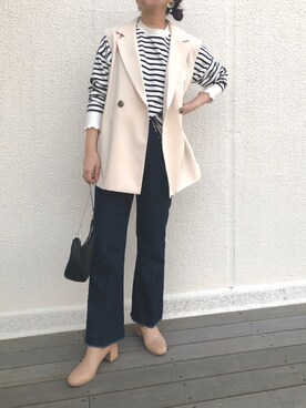 「one after another NICE CLAUP（ワンアフターアナザーナイスクラップ）のゆるっとメローボーダートップス（Tシャツ/カットソー）」を使った、トリウミユカ(骨格ストレート/イエベ秋)さん（レディース・166cm）の冬コーディネート