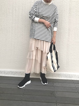 「one after another NICE CLAUP（ワンアフターアナザーナイスクラップ）のゆるっとメローボーダートップス（Tシャツ/カットソー）」を使った、トリウミユカ(骨格ストレート/イエベ秋)さん（レディース・166cm）の冬コーディネート