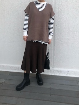 「one after another NICE CLAUP（ワンアフターアナザーナイスクラップ）のゆるっとメローボーダートップス（Tシャツ/カットソー）」を使った、トリウミユカ(骨格ストレート/イエベ秋)さん（レディース・166cm）の冬コーディネート