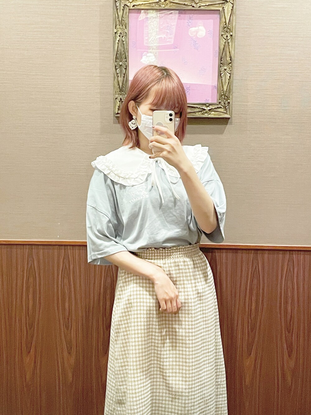 「夏コーデ、お洒落さんとつながりたい、プチプラ、今日のコーデ、つけ襟、Tシャツ、ギンガムチェック」｜「tiptopのアイテム（Tシャツ/カットソー、ブルー系）」を使った、 ぬ  んさん（レディース・155cm）の夏コーディネートの1枚目の写真