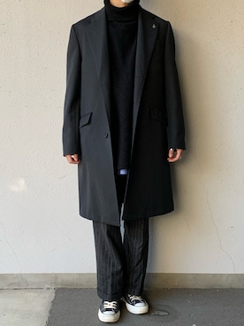 「ニットベスト」｜「アイテム（チェスターコート）」を使った、ちーうーさん（メンズ・170cm）の冬コーディネート