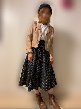 「アイテム（ライダースジャケット、ピンク系）」を使った、miii｡さん（レディース・148cm）の冬コーディネート