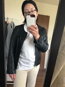 「AMERI」｜「アイテム（ライダースジャケット）」を使った、sakamoto0412さん（レディース・159cm）の春コーディネート
