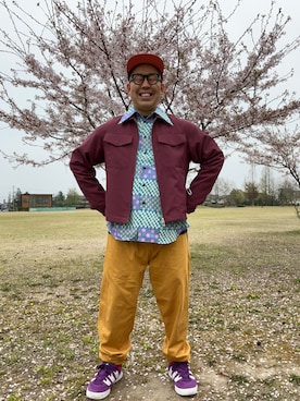 「FRUIT OF THE LOOM（フルーツオブザルーム）のアイテム（キャップ）」を使った、ノビ山本さん（メンズ・170cm）の春コーディネート