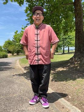 「FRUIT OF THE LOOM（フルーツオブザルーム）のアイテム（キャップ）」を使った、ノビ山本さん（メンズ・170cm）の夏コーディネート