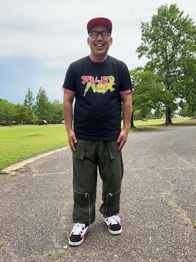 「FRUIT OF THE LOOM（フルーツオブザルーム）のアイテム（キャップ）」を使った、ノビ山本さん（メンズ・170cm）の夏コーディネート