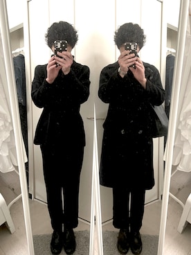 「オールブラック」｜「アイテム（ダッフルコート）」を使った、藤枝蘭丸さん（メンズ・175cm）の冬コーディネート