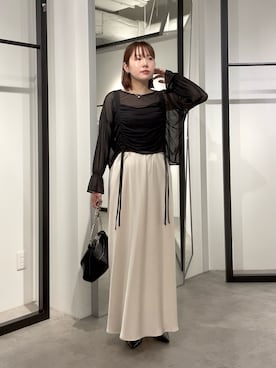 「Lui's（ルイス）の【miu企画】マーブルプリント袖フレアシアートップス（Tシャツ/カットソー、ブラック系）」を使った、YU さん（レディース・159cm）の夏コーディネート