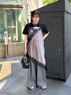 「Lui's（ルイス）のシルケットフォトTシャツ（Tシャツ/カットソー、ブラック系）」を使った、YU さん（レディース・159cm）の夏コーディネート