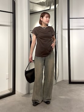 「Lui's（ルイス）のフロントギャザーホルターネックプルオーバーTシャツ（Tシャツ/カットソー、ブラウン系）」を使った、YU さん（レディース・159cm）の夏コーディネート