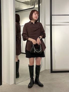 「Lui's（ルイス）のサテンキャミセットルーズシャツ（シャツ/ブラウス、ブラウン系）」を使った、YU さん（レディース・159cm）の春コーディネート