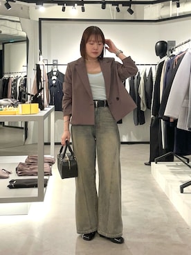 「Lui's（ルイス）のツイミーツイルショートジャケット（テーラードジャケット、ブラウン系）」を使った、YU さん（レディース・159cm）の春コーディネート