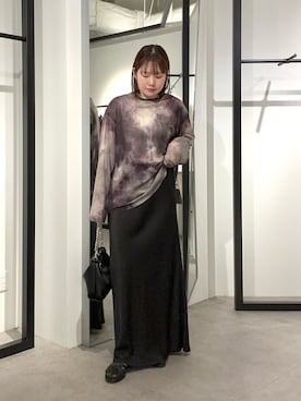 「Lui's（ルイス）の【mi-企画】マーブルシアーロンtee（Tシャツ/カットソー、ブラック系）」を使った、YU さん（レディース・159cm）の夏コーディネート