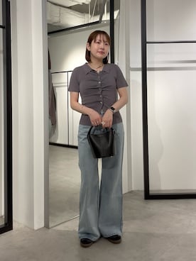 「Lui's（ルイス）の前ギャザーデザイン半袖ニットプルオーバー（Tシャツ/カットソー、グレー系）」を使った、YU さん（レディース・159cm）の夏コーディネート