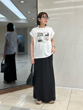 「Lui's（ルイス）のシルケットフォトフレンチスリーブT（Tシャツ/カットソー、ホワイト系）」を使った、YU さん（レディース・159cm）の夏コーディネート