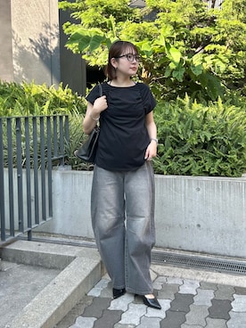 「Lui's（ルイス）のフロントギャザーホルターネックプルオーバーTシャツ（Tシャツ/カットソー、ブラック系）」を使った、YU さん（レディース・159cm）の夏コーディネート