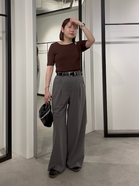 「Lui's（ルイス）のレイヤード半袖ニットプルオーバー（Tシャツ/カットソー、ブラウン系）」を使った、YU さん（レディース・159cm）の夏コーディネート