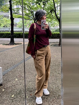 「GU（ジーユー）のアイテム（Tシャツ/カットソー、ブラック系）」を使った、Minaさん（レディース・159cm）の秋コーディネート