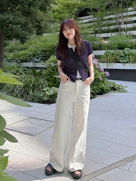 「UNIQLO（ユニクロ）のワッフルフルオープンミニT L ¥790（カーディガン/ボレロ、ブルー系）」を使った、かほこ。さん（レディース・162cm）の夏コーディネート