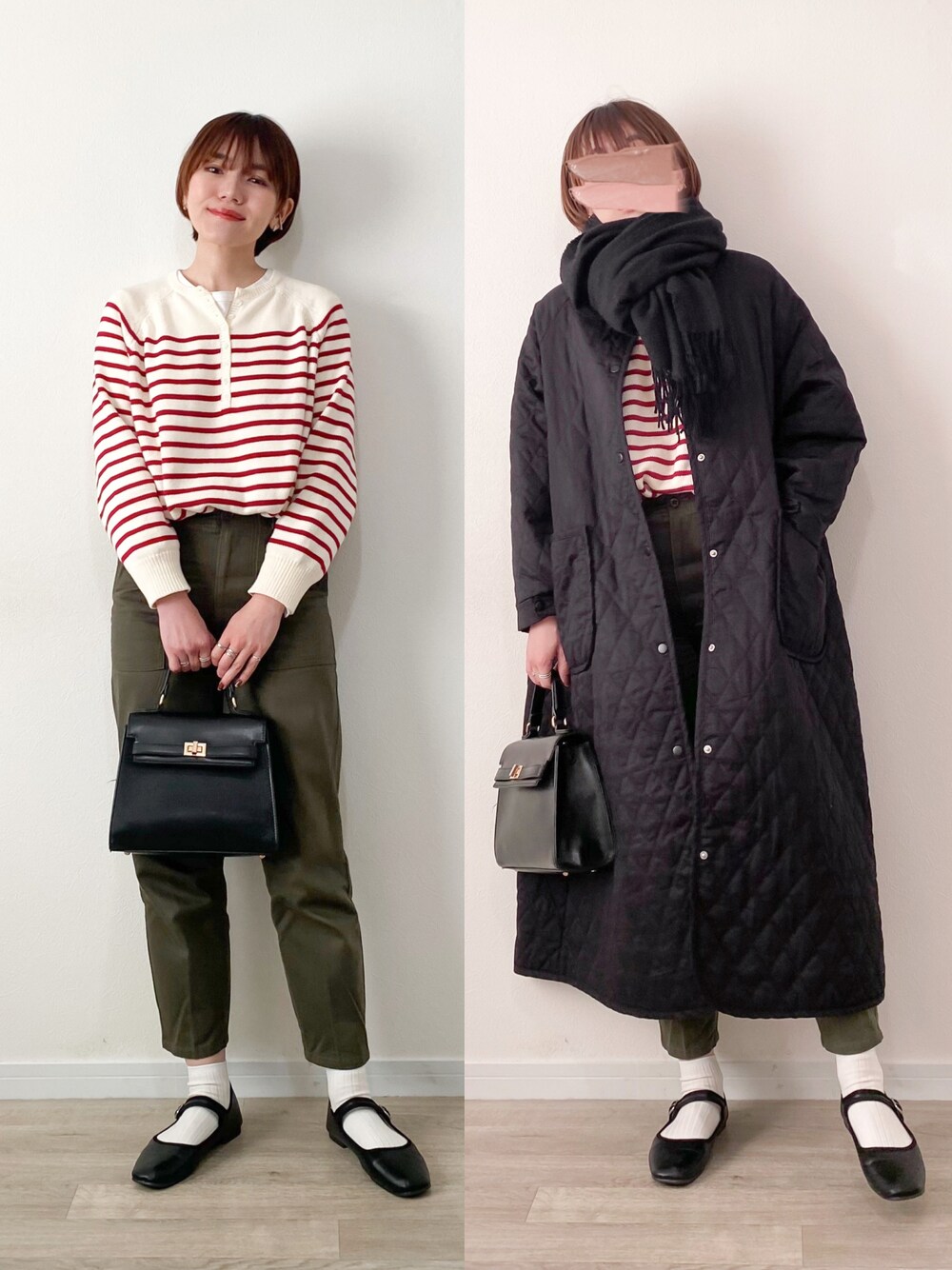 「クリスマスに着たい服、シンプル、大人カジュアル、ボーダー、ヘンリーネック、ベイカーパンツ、キルティング、ロングコート、マフラー、ハンドバッグ、白ソックス、カンフーシューズ」｜「JOURNAL STANDARD relumeのコットンパネルボーダーニットプルオーバー◆（ニット/セーター、レッド系）」を使った、かほこ。さん（レディース・162cm）の冬コーディネートの1枚目の写真